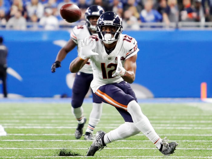 Nov 28, 2019; Detroit, MI, USA; Chicago Bears wide receiver Allen Robinson (12) attempts to catch a ball during the fourth quarter against the Detroit Lions at Ford Field. Mandatory Credit: Raj Mehta-USA TODAY Sports